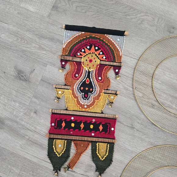 Decorative Bohemian Wall Hanging Set With Beaded Tapestry & Pom Pom Garland - Picture 4 of 4